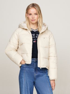 beige puffer-jacke mit kapuze und reißverschluss für damen - tommy jeans