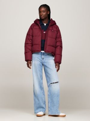 red hooded zip-thru puffer jacket for women tommy jeans