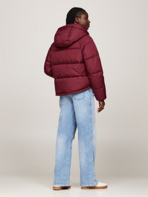 red hooded zip-thru puffer jacket for women tommy jeans