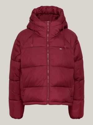 red hooded zip-thru puffer jacket for women tommy jeans