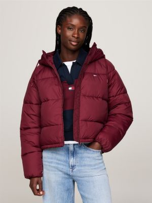 red puffer-jacke mit kapuze und reißverschluss für damen - tommy jeans