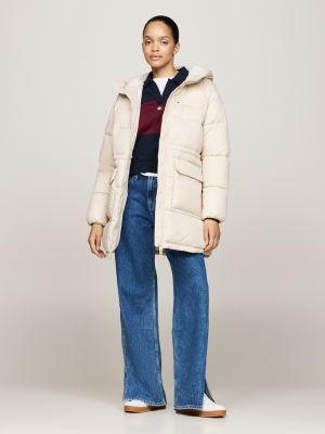 beige hooded longline puffer jacket for women tommy jeans