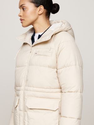 beige hooded longline puffer jacket for women tommy jeans