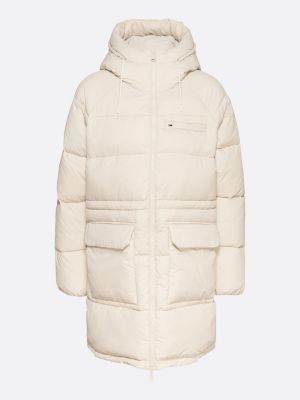 beige hooded longline puffer jacket for women tommy jeans