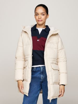 beige hooded longline puffer jacket for women tommy jeans