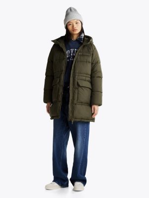 green hooded longline puffer jacket for women tommy jeans