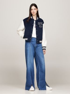 blue tommy prep luxe padded letterman jacket for women tommy jeans