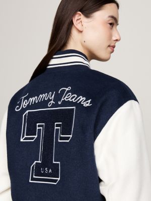 blau tommy prep luxe wattierte college-jacke für damen - tommy jeans