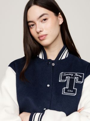 blau tommy prep luxe wattierte college-jacke für damen - tommy jeans