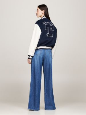 blue tommy prep luxe padded letterman jacket for women tommy jeans