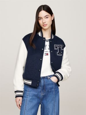 blue tommy prep luxe padded letterman jacket for women tommy jeans