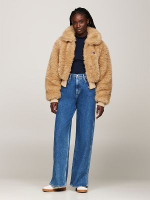 brown faux shearling zip-thru jacket for women tommy jeans