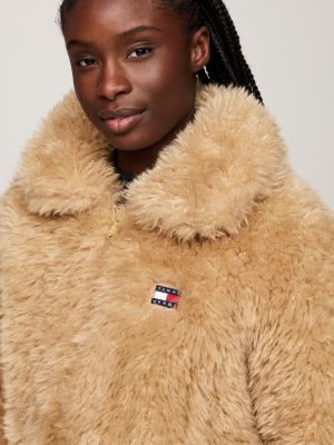 brown faux shearling zip-thru jacket for women tommy jeans