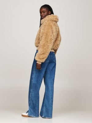 braun kunstfell-jacke mit reißverschluss für damen - tommy jeans