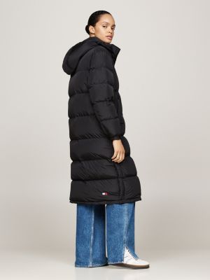 schwarz longline alaska puffer-daunenjacke mit kapuze für damen - tommy jeans