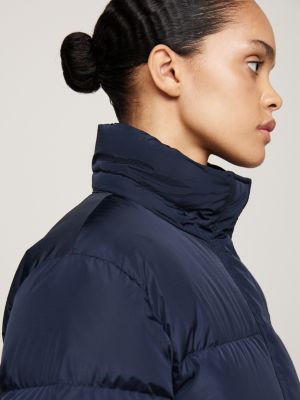 blue down hooded longline alaska puffer coat for women tommy jeans