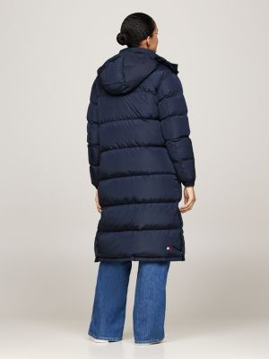 blue down hooded longline alaska puffer coat for women tommy jeans