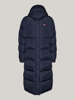 blue down hooded longline alaska puffer coat for women tommy jeans