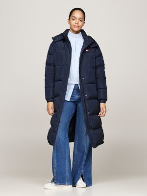 blue down hooded longline alaska puffer coat for women tommy jeans