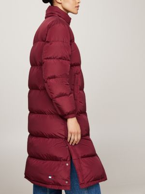 red down hooded longline alaska puffer coat for women tommy jeans