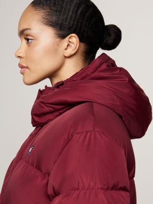 red down hooded longline alaska puffer coat for women tommy jeans