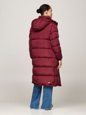 red down hooded longline alaska puffer coat for women tommy jeans