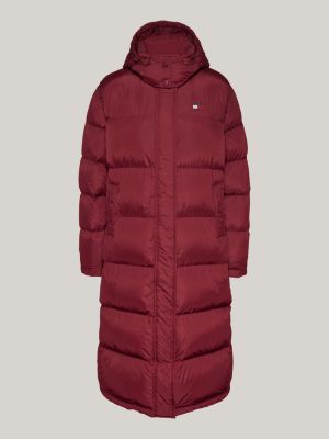 red down hooded longline alaska puffer coat for women tommy jeans