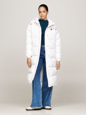 grey down hooded longline alaska puffer coat for women tommy jeans