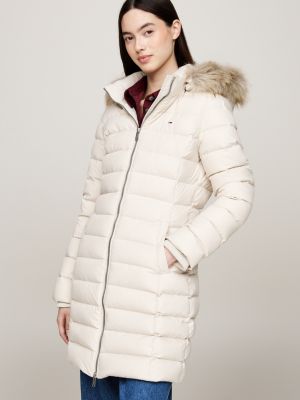 beige faux fur trim hooded down coat for women tommy jeans