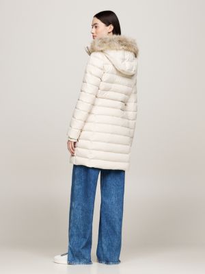 beige faux fur trim hooded down coat for women tommy jeans