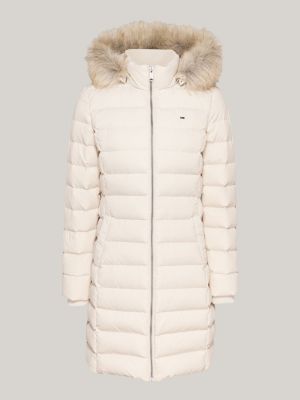 beige faux fur trim hooded down coat for women tommy jeans