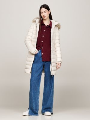 beige faux fur trim hooded down coat for women tommy jeans