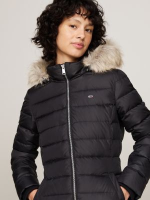 Black faux fur trim hooded puffer coat online