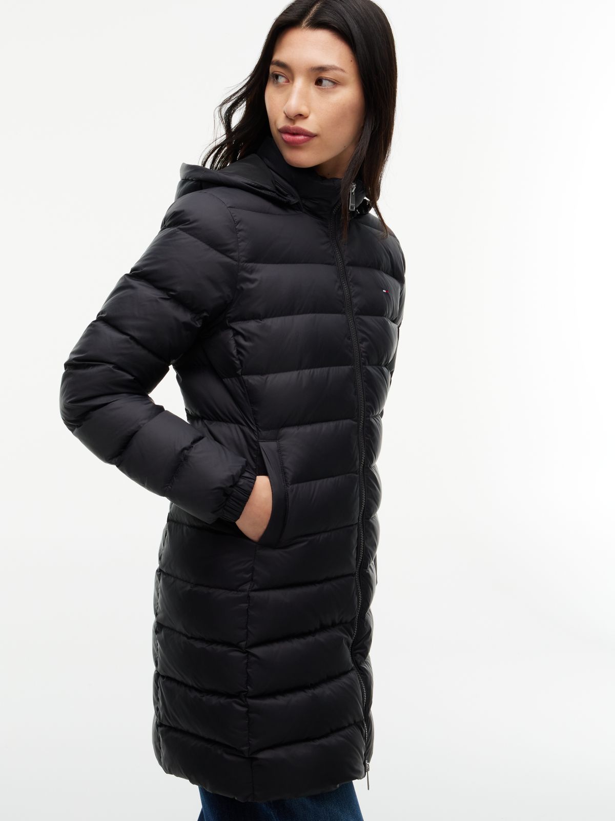 Slim Shiny Down Hooded Coat — Black