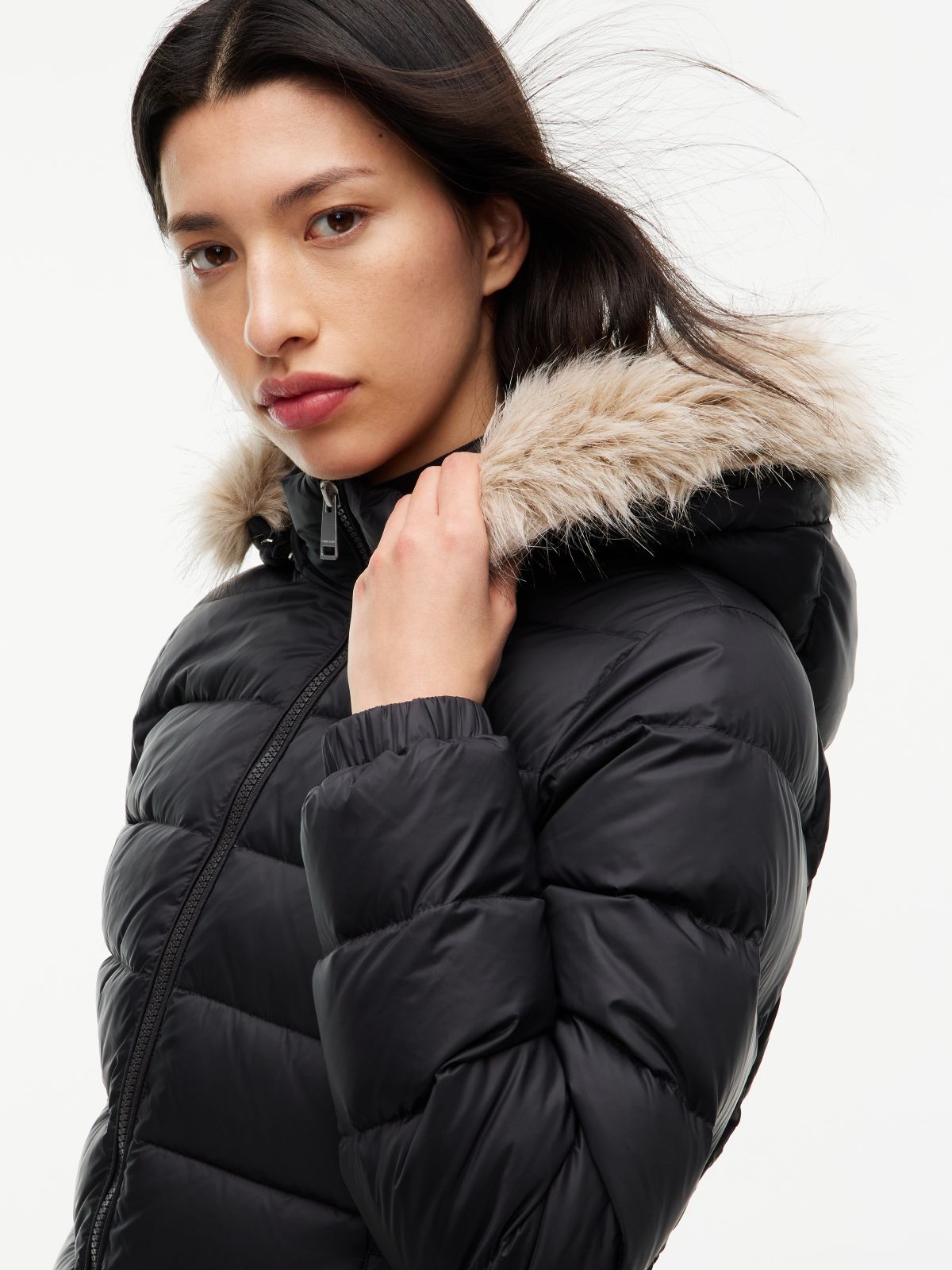 Slim Shiny Down Hooded Coat — Black