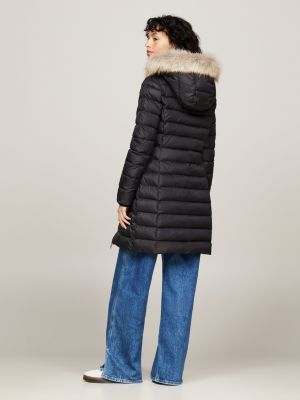 Black faux fur trim hooded puffer coat best sale