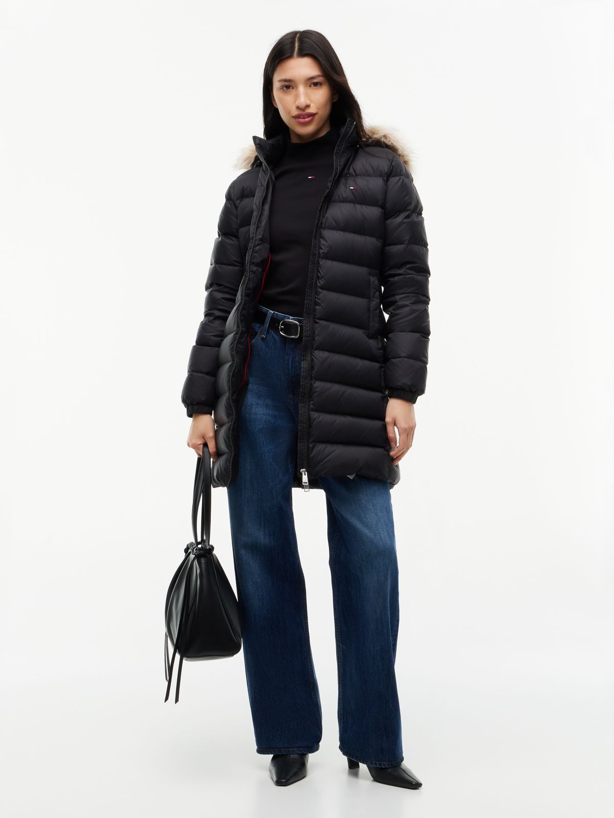 Slim Shiny Down Hooded Coat — Black
