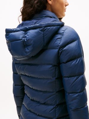 blue faux fur trim hooded down coat for women tommy jeans