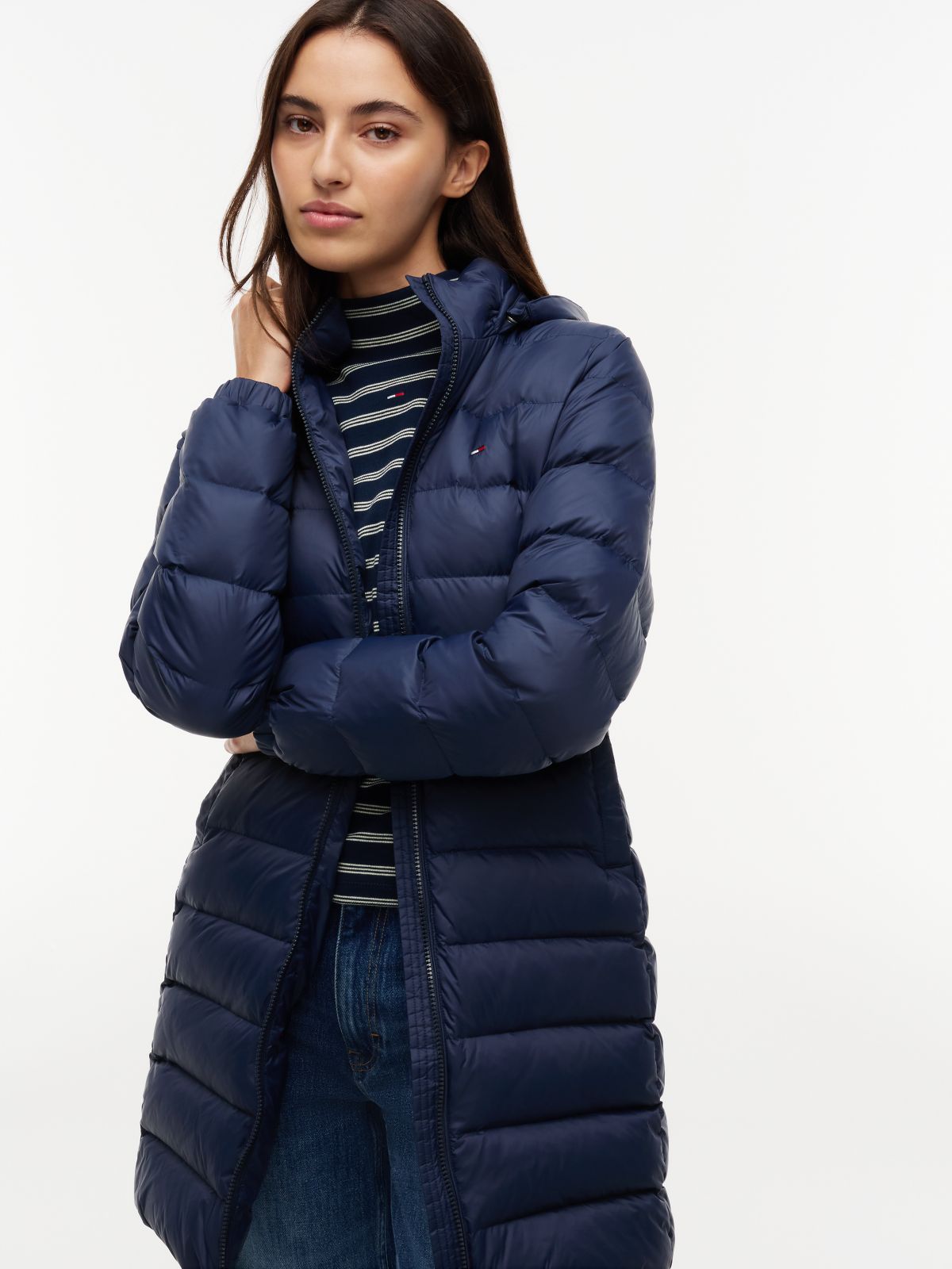 Slim Shiny Down Hooded Coat — Blue