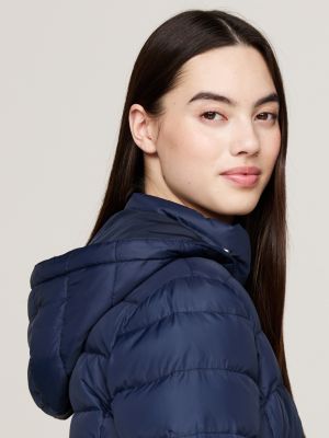 blue faux fur trim hooded down coat for women tommy jeans