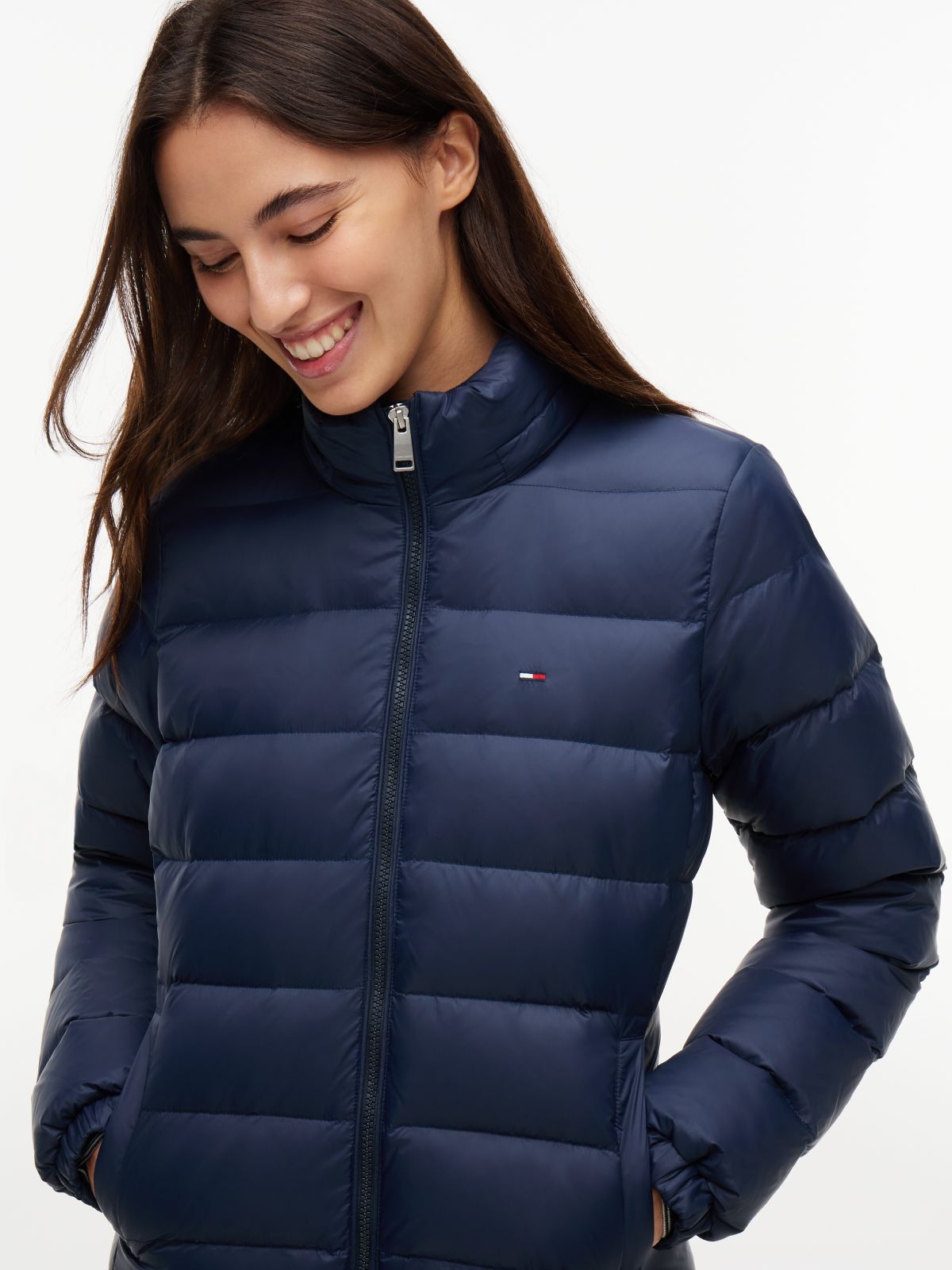 Slim Shiny Down Hooded Coat — Blue