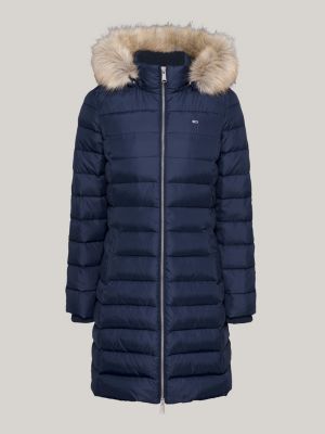 blue faux fur trim hooded down coat for women tommy jeans