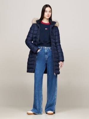 blue faux fur trim hooded down coat for women tommy jeans