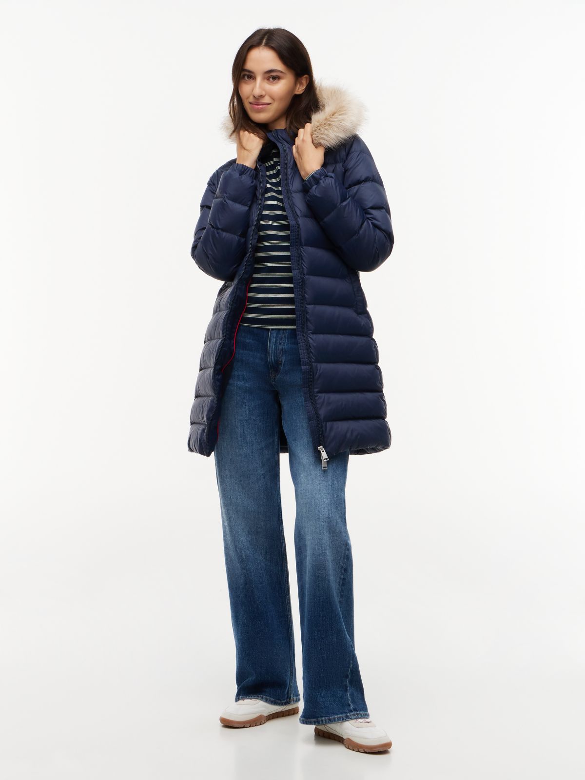 Slim Shiny Down Hooded Coat — Blue