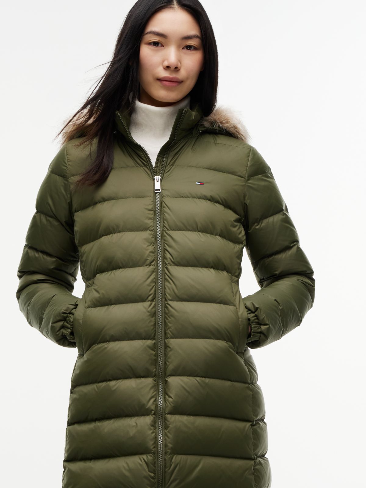 Slim Shiny Down Hooded Coat — Green
