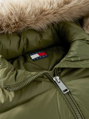 green slim shiny down hooded coat for women tommy jeans