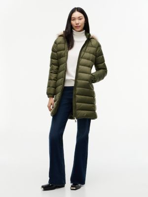 green slim shiny down hooded coat for women tommy jeans
