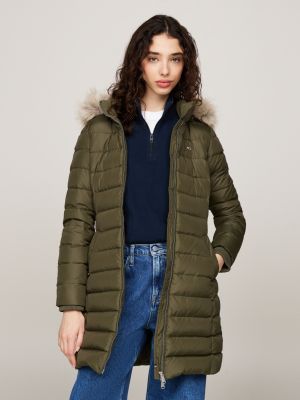 manteau matelassé à capuche fausse fourrure vert pour femmes tommy jeans