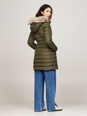 manteau matelassé à capuche fausse fourrure vert pour femmes tommy jeans