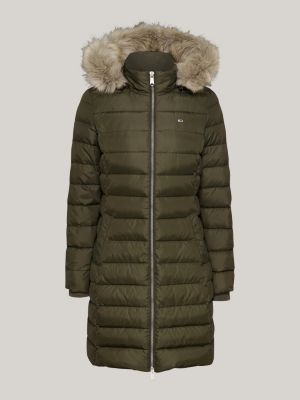 green faux fur trim hooded down coat for women tommy jeans